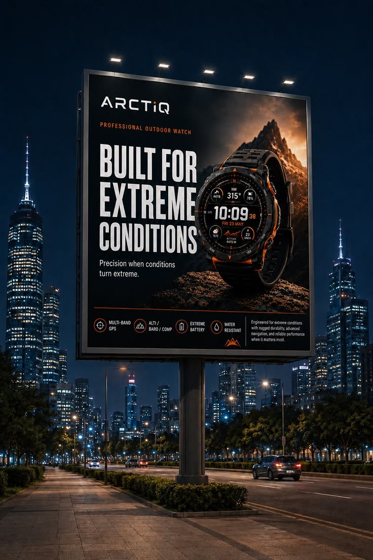 Cartel publicitario de un reloj en un soporte de gran formato en una ciudad de noche