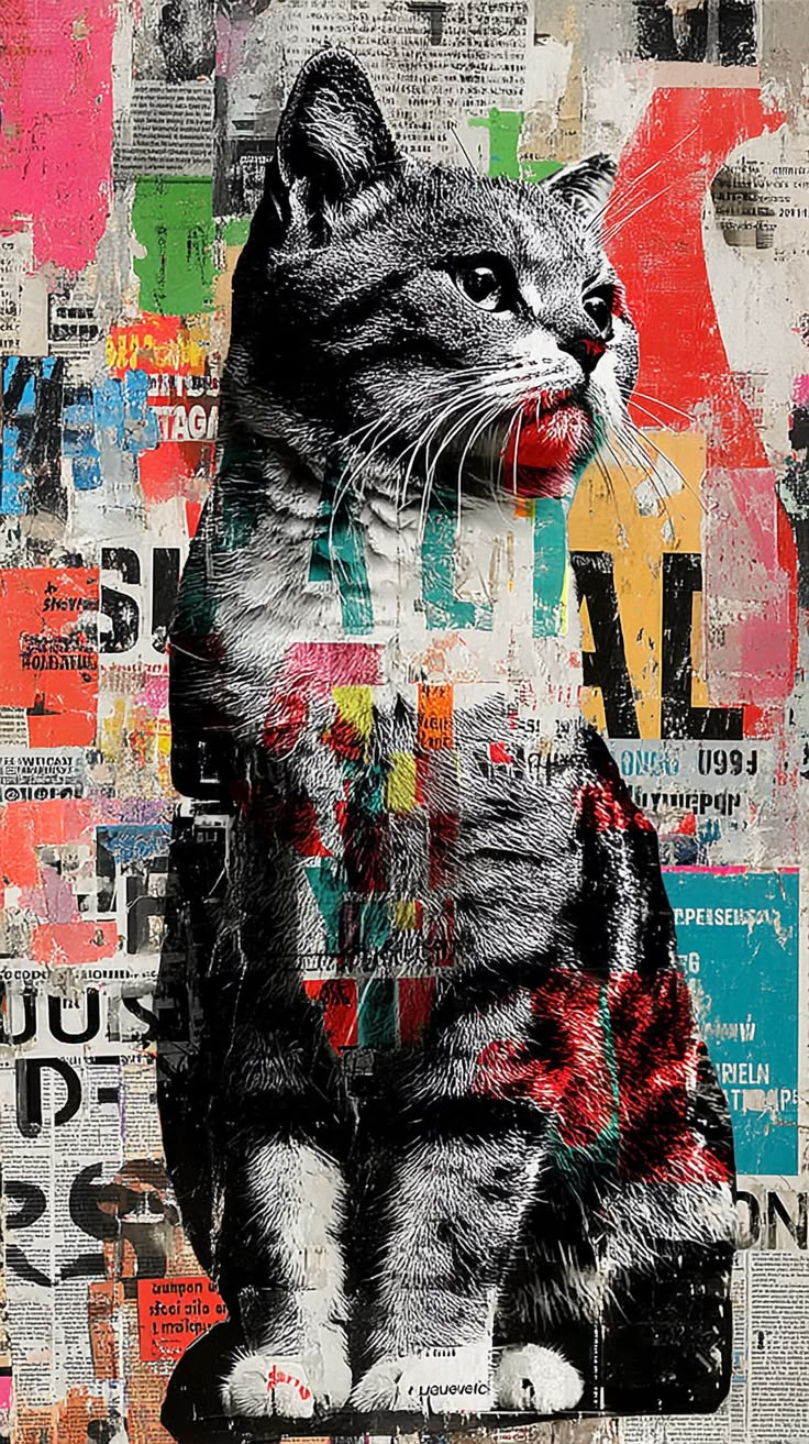 Diseño de un gato en negro y colores sobre un collage de papel para serigrafía